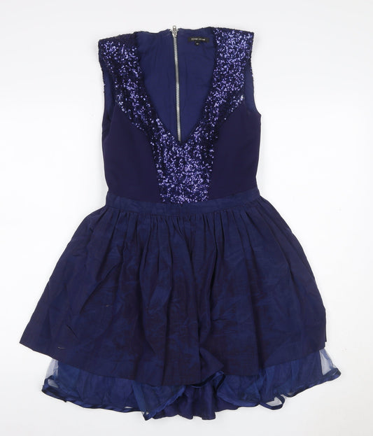 River Island Women Blue UK 10 Skater Dress Sequin V Neck Zip
