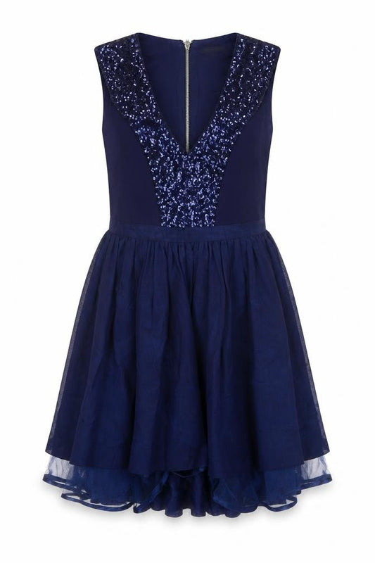 River Island Women Blue UK 10 Skater Dress Sequin V Neck Zip