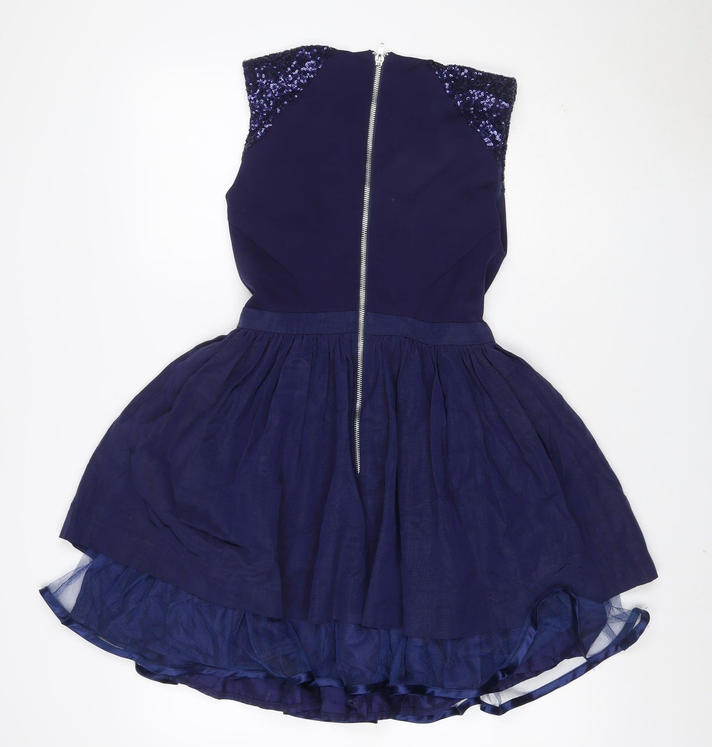 River Island Women Blue UK 10 Skater Dress Sequin V Neck Zip