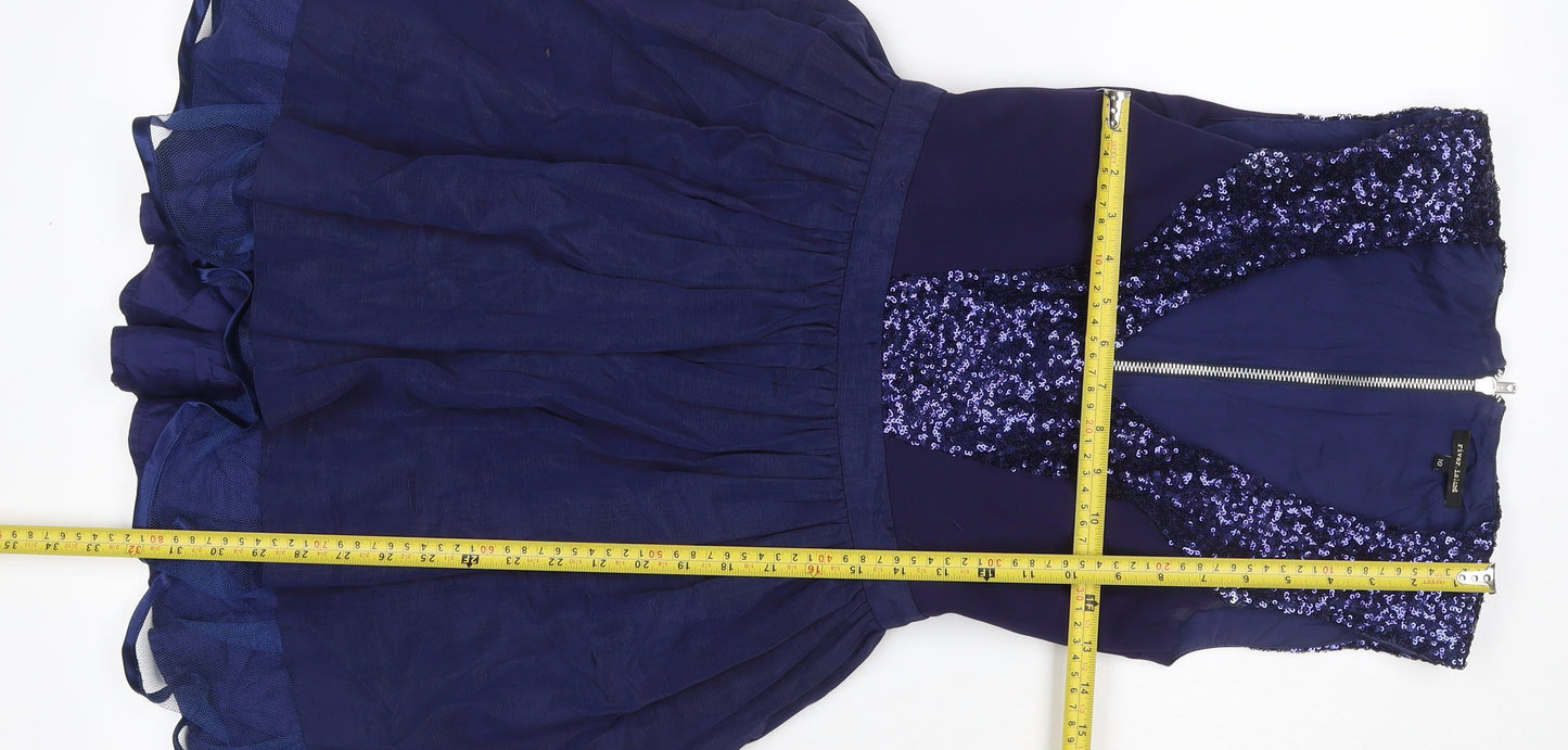 River Island Women Blue UK 10 Skater Dress Sequin V Neck Zip