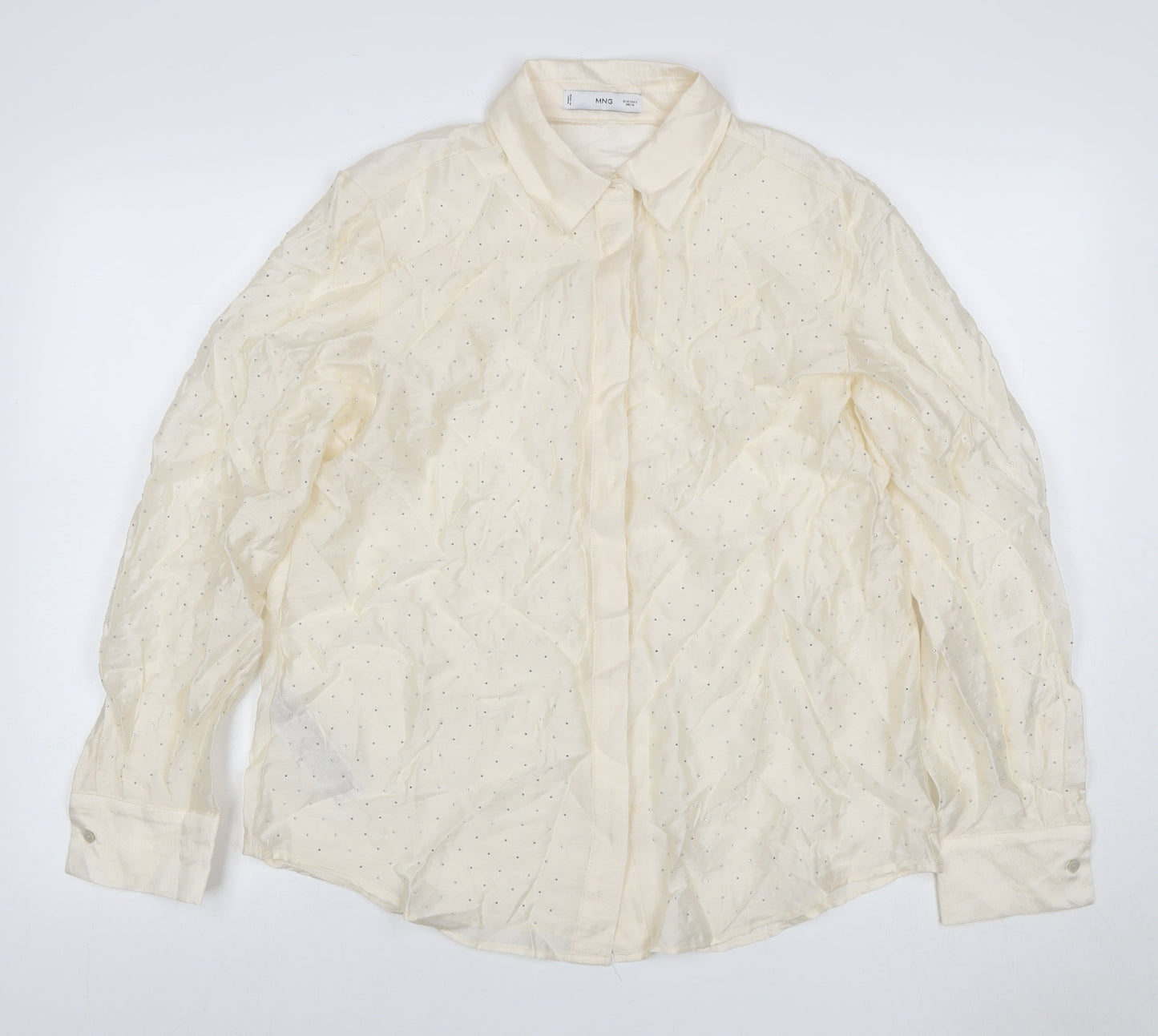 MNG Women Ivory UK 10 Sheer Rhinestone Long Sleeve Button-Up Blouse