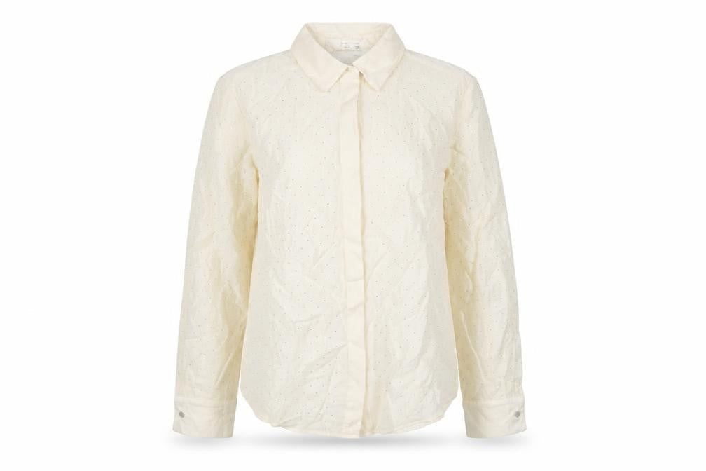 Mango Women Ivory UK 10 Sheer Rhinestone Long Sleeve Button-Up Blouse