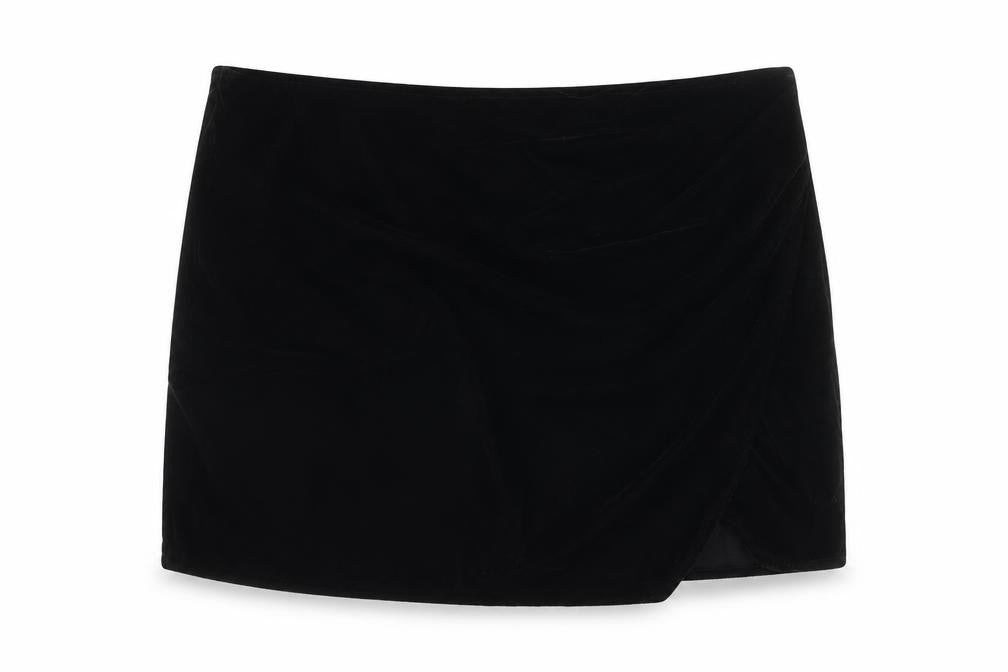 Front view of ASOS DESIGN Women Black UK 16 Velvet Asymmetric Pencil Mini Skirt