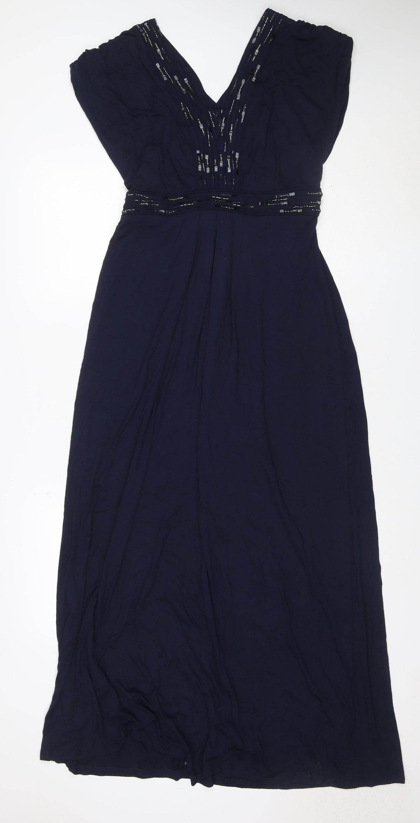 Monsoon Women Navy UK 16 Maxi Beaded V-Neck Sleeveless Dress