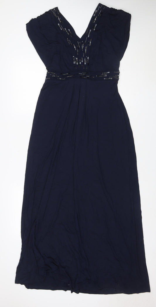 Monsoon Women Navy UK 16 Maxi Beaded V-Neck Sleeveless Dress