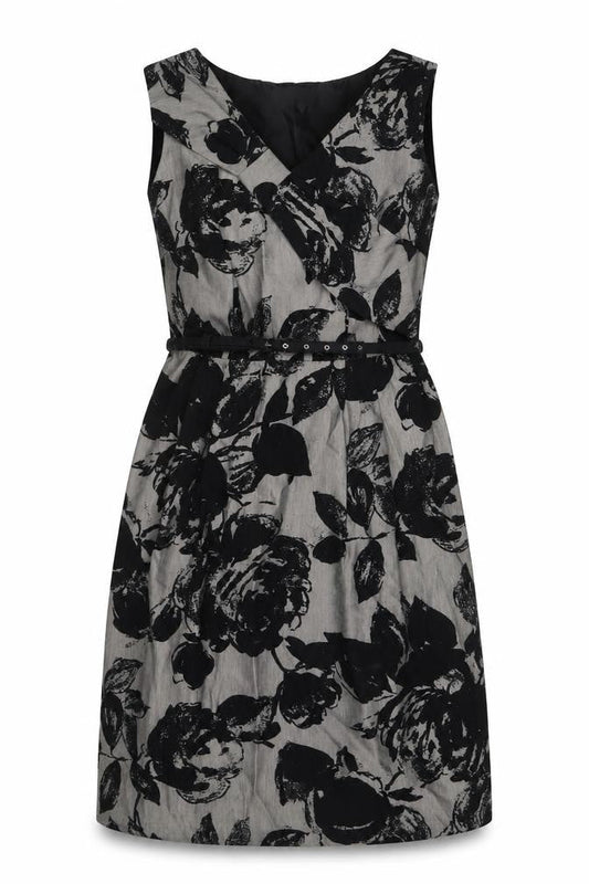 Per Una Women Grey Black Floral Lace-Up Knee Length Sheath Dress UK 12