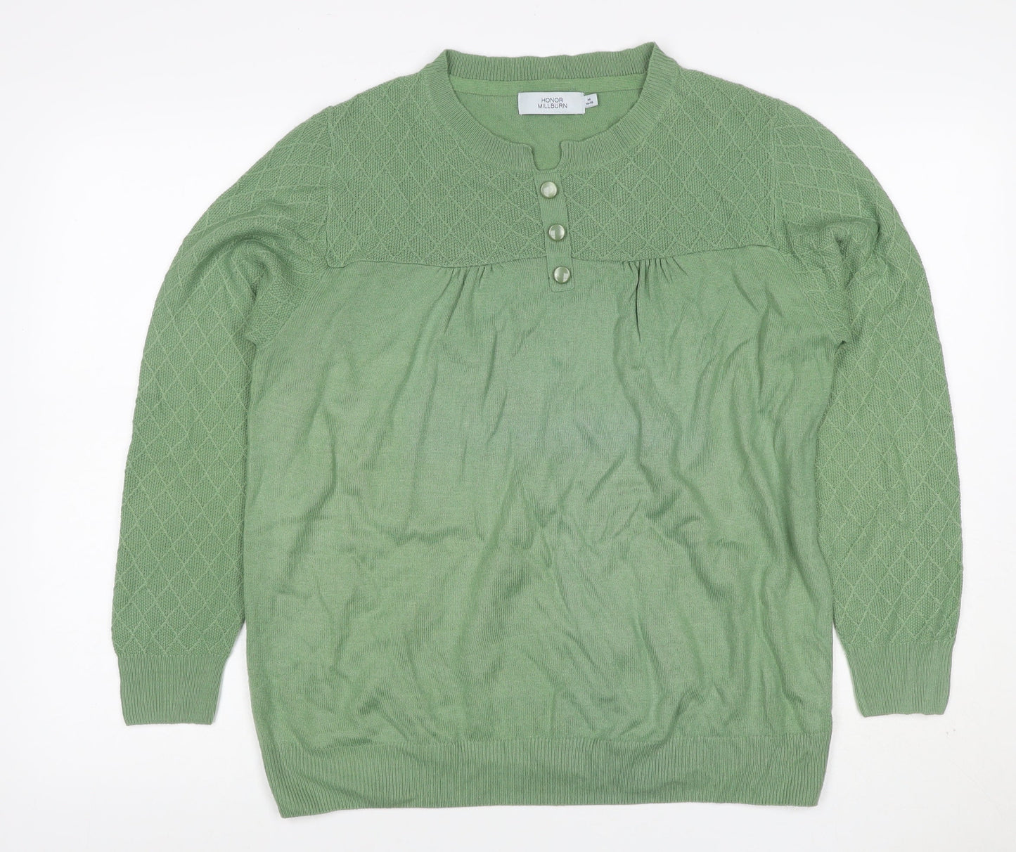 Honor Millburn Women's Green UK 14-16 Henley Diamond Knit Jumper