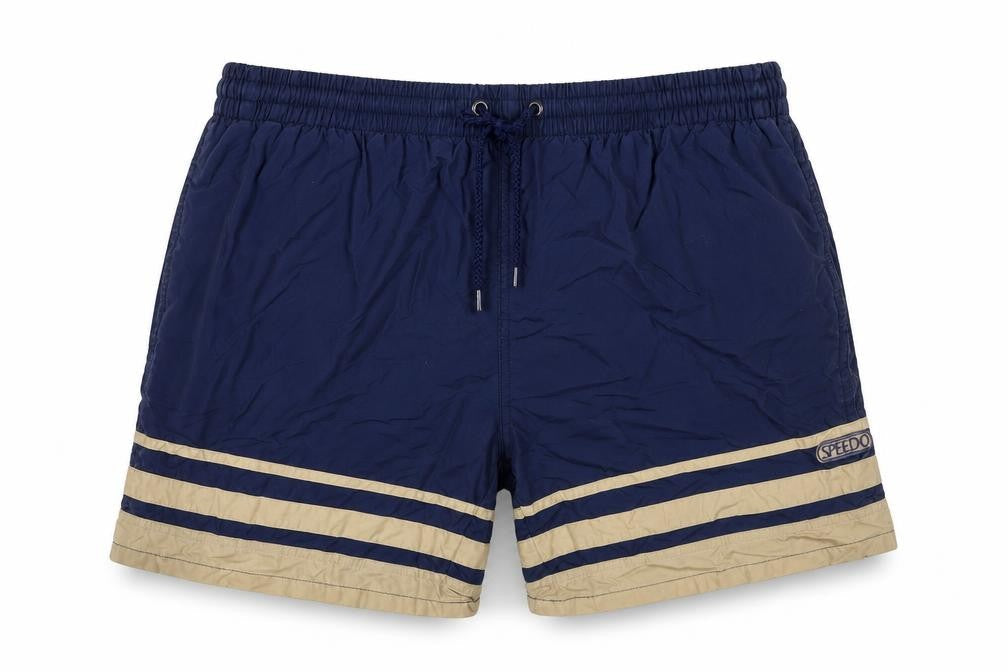 Front view of Speedo Men’s Blue XL Vintage Striped Cotton Lined Swim Shorts