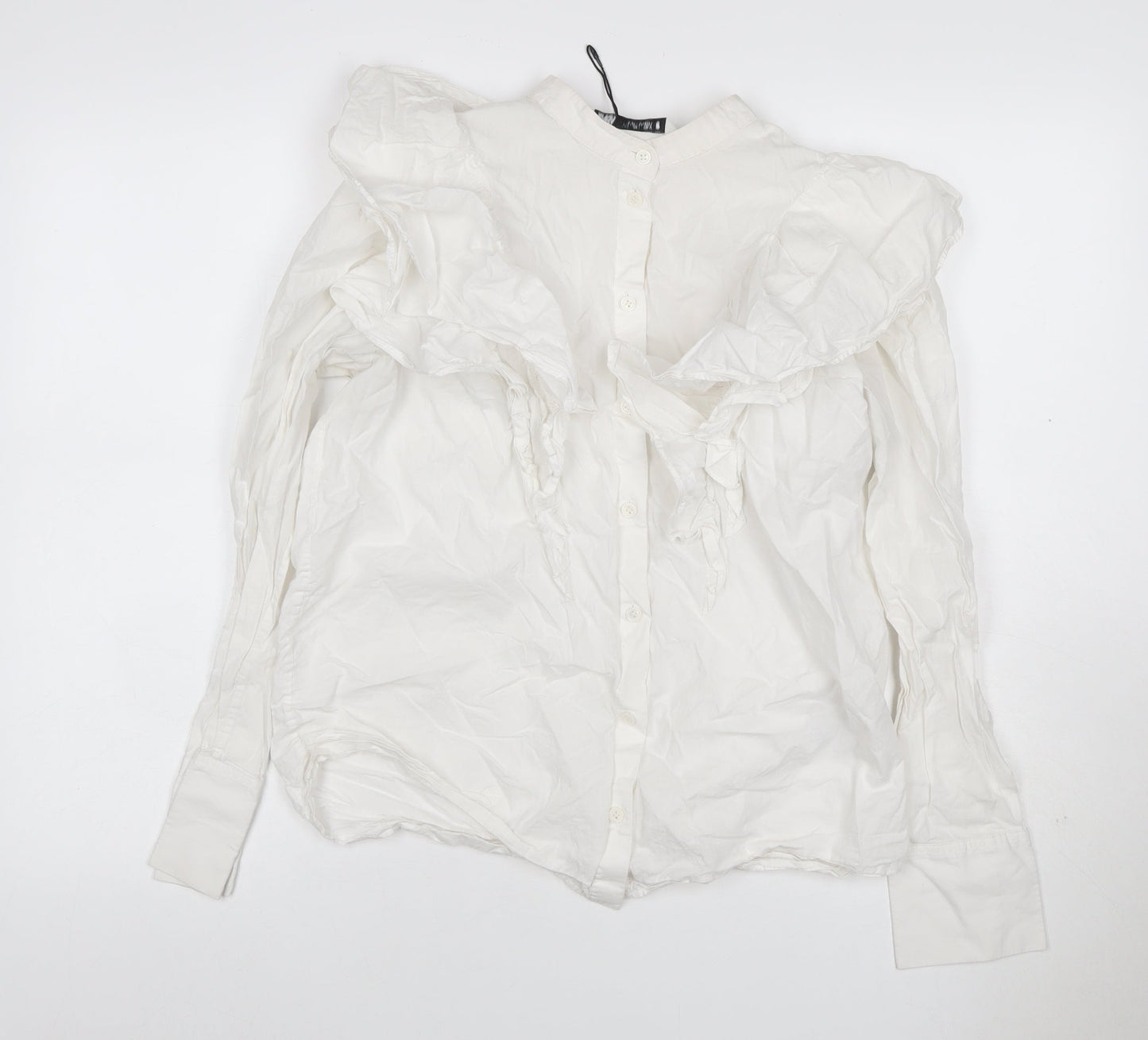 Zara Women White S Modal Ruffle Long Sleeve Button-Up Blouse