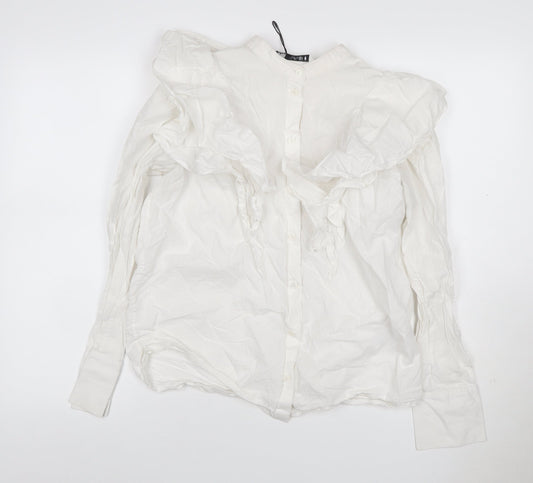 Zara Women White S Modal Ruffle Long Sleeve Button-Up Blouse