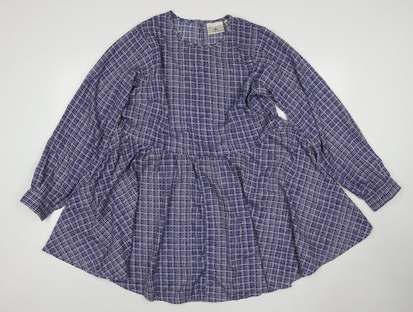 Daisy Street Women Blue Check Skater Dress UK 10 Long Sleeve Mini