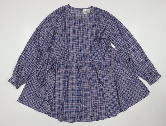 Daisy Street Women Blue Check Skater Dress UK 10 Long Sleeve Mini