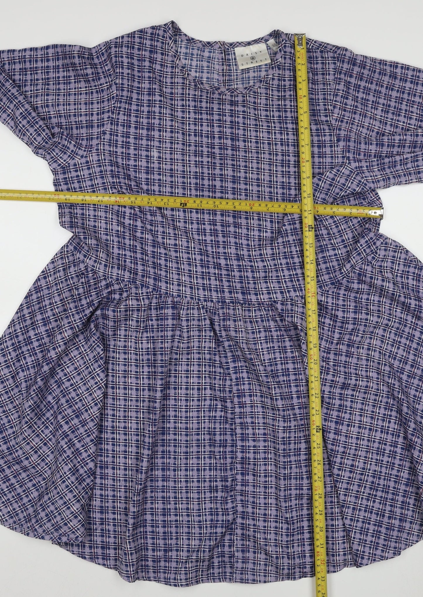 Daisy Street Women Blue Check Skater Dress UK 10 Long Sleeve Mini