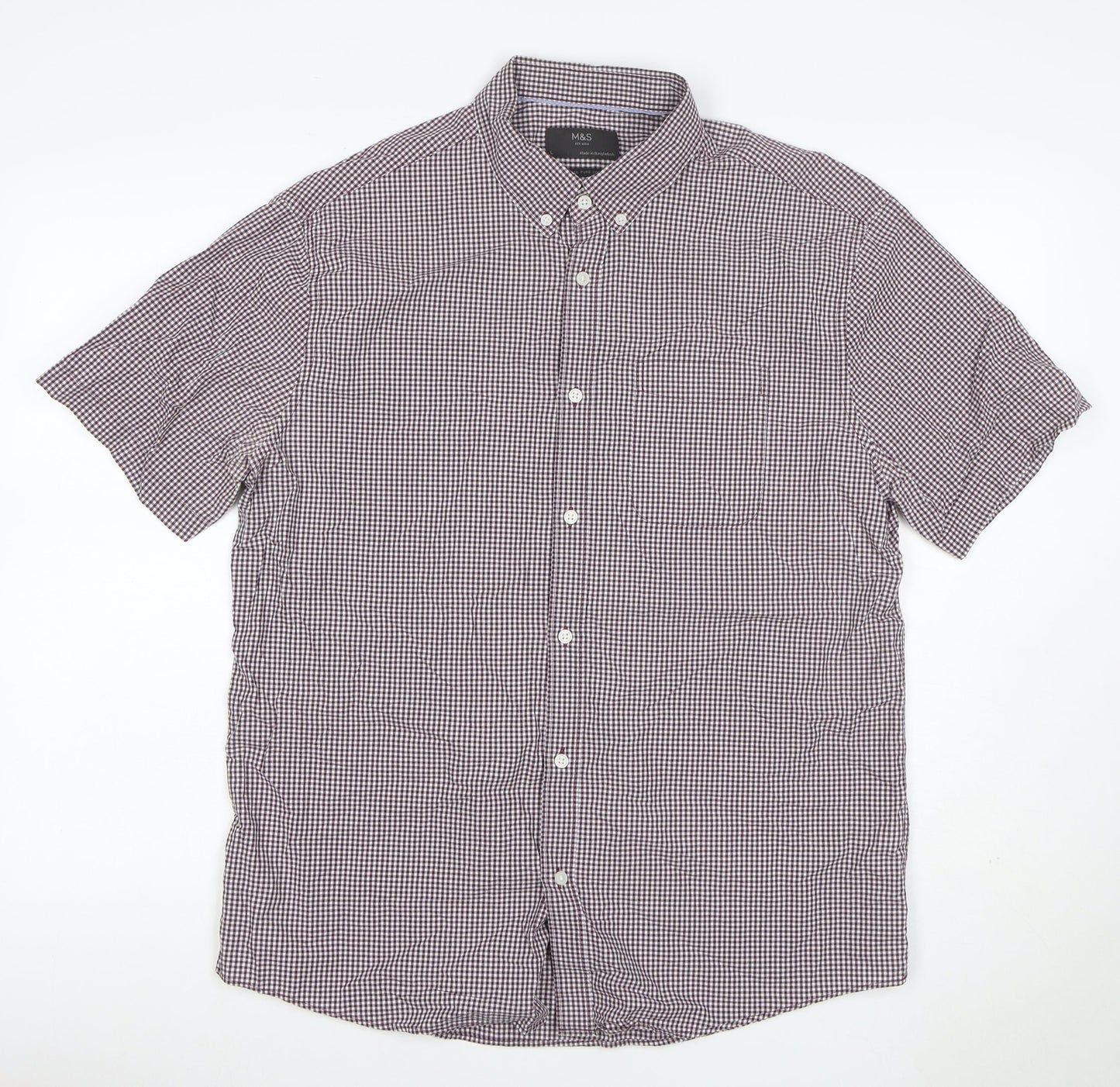 Marks and Spencer Men's Red L Check Short Sleeve Button-Up Shirt