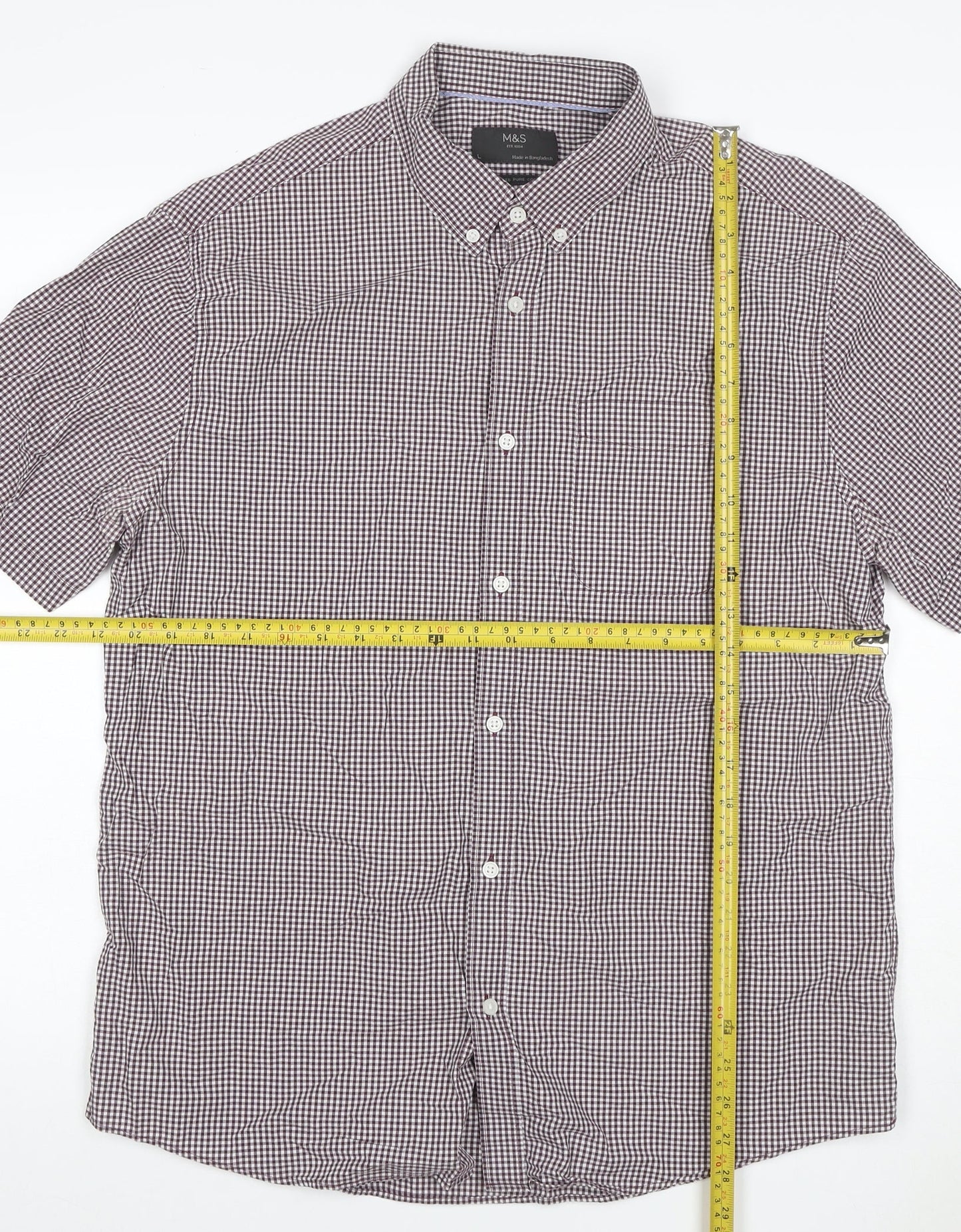 Marks and Spencer Men's Red L Check Short Sleeve Button-Up Shirt