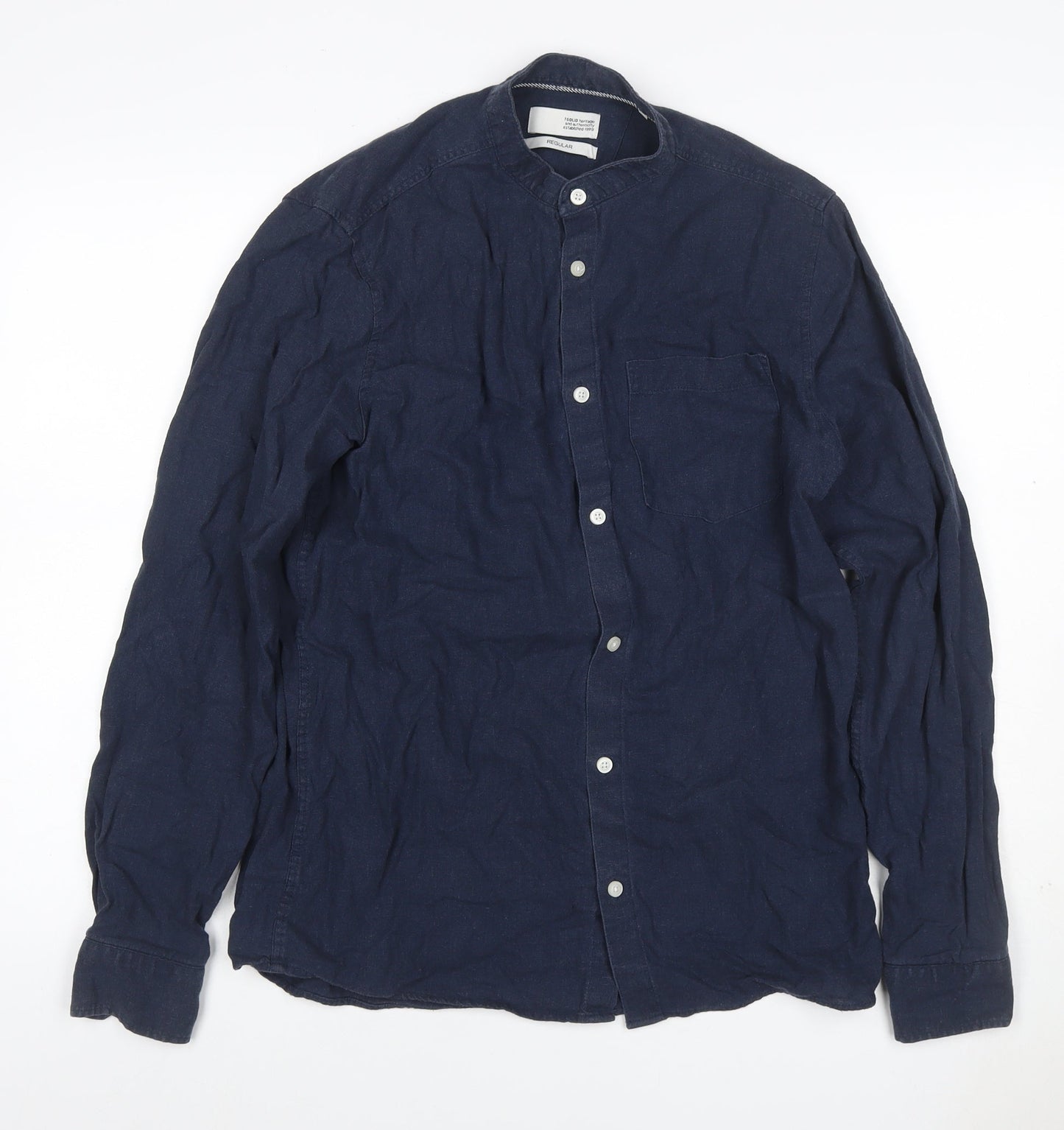 Regullar Men's Blue S Linen Blend Grandad Collar Long Sleeve Shirt