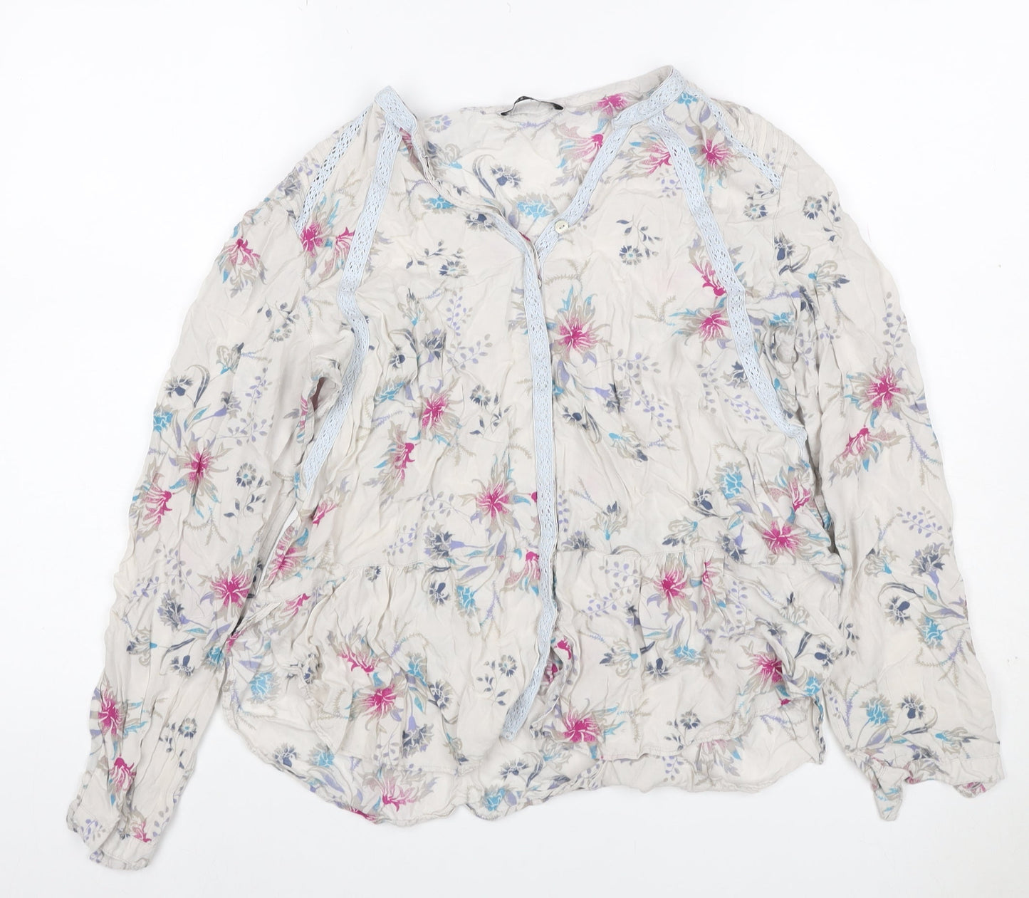 Per Una Women's Multicoloured UK 14 Floral Ruffle Chiffon Blouse