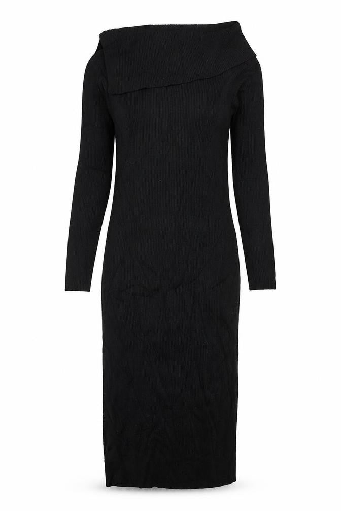 Front view of Guess Women’s Black UK 8 Rib Knit Roll Neck Jumper Dress Gold Buttons