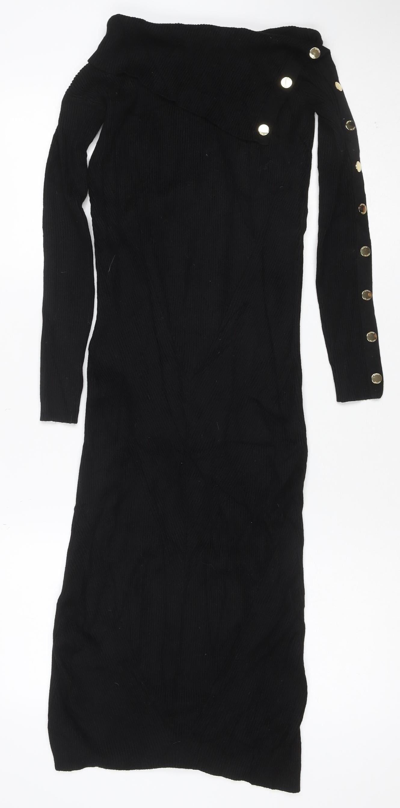 Guess Women’s Black UK 8 Rib Knit Roll Neck Jumper Dress Gold Buttons