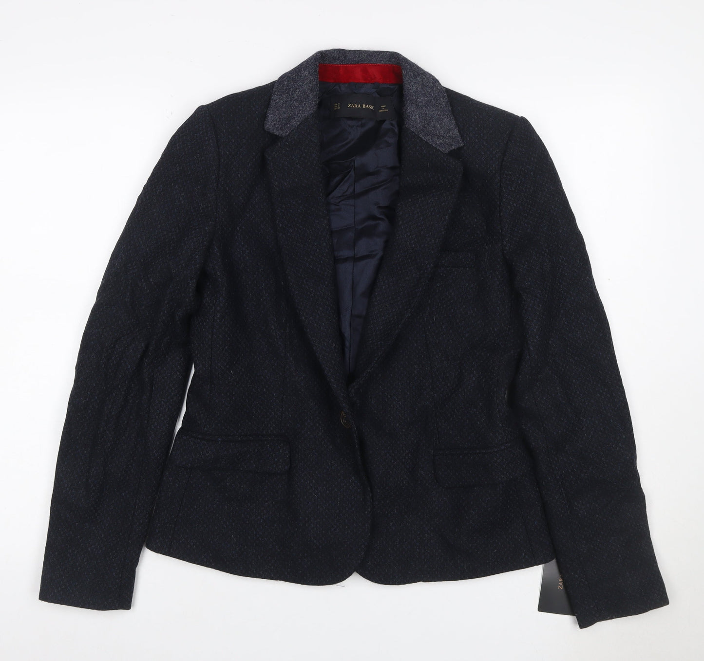 Zara Basic Women Blue M Tweed Wool Blend Single-Breasted Blazer