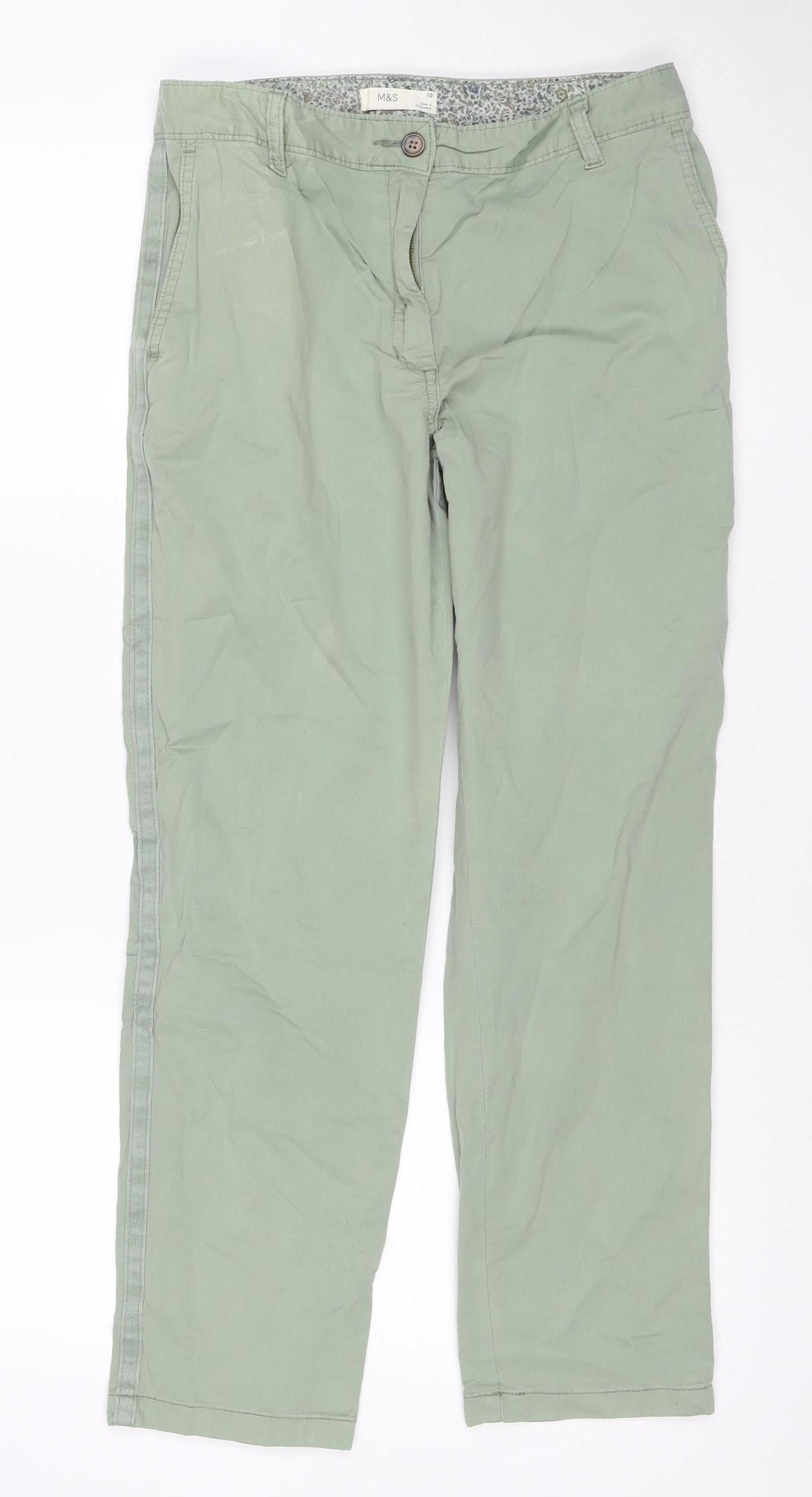 Marks & Spencer Women Green Size 10 Cotton Stretch Straight Trousers