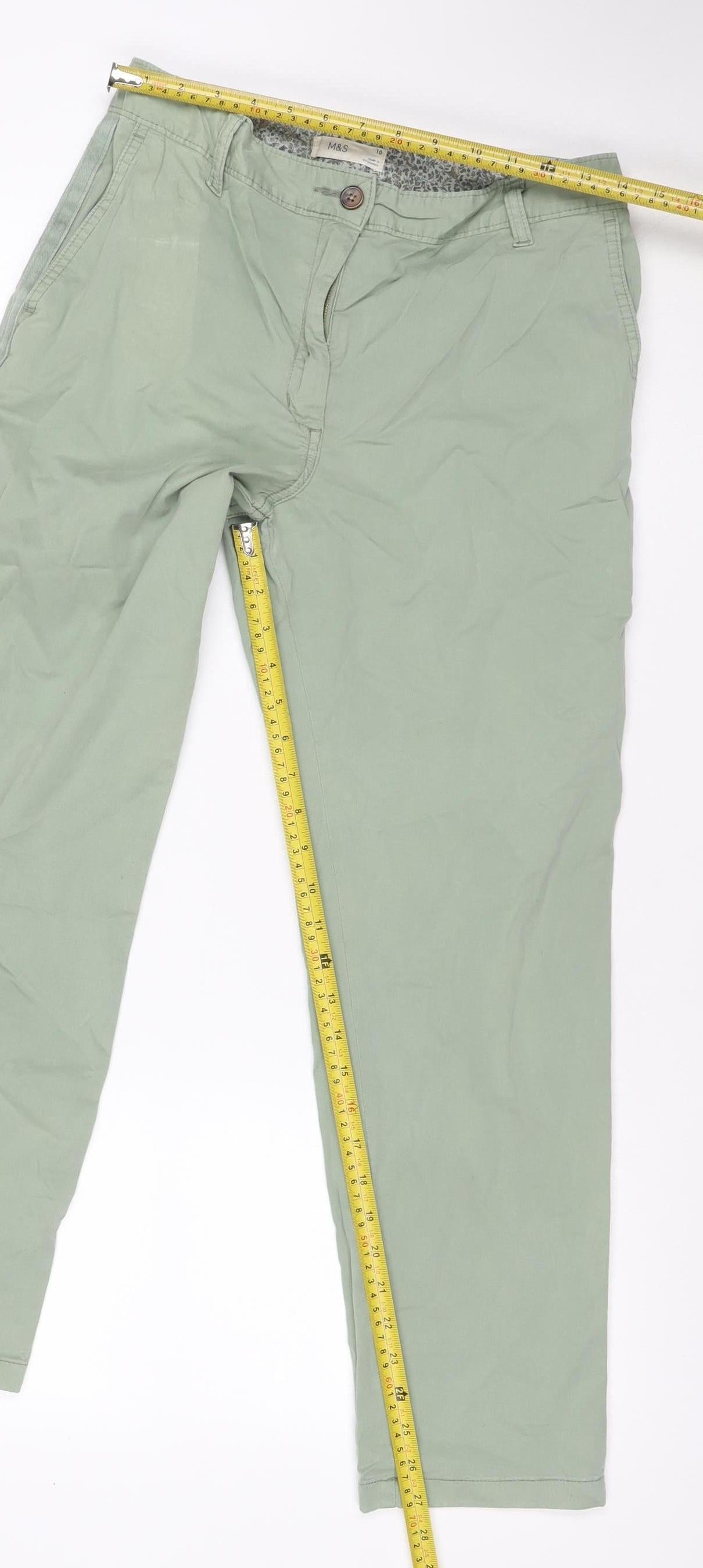 Marks & Spencer Women Green Size 10 Cotton Stretch Straight Trousers