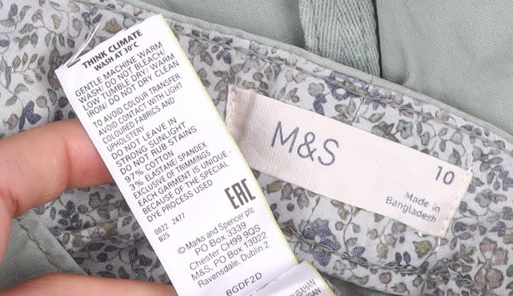 Marks & Spencer Women Green Size 10 Cotton Stretch Straight Trousers