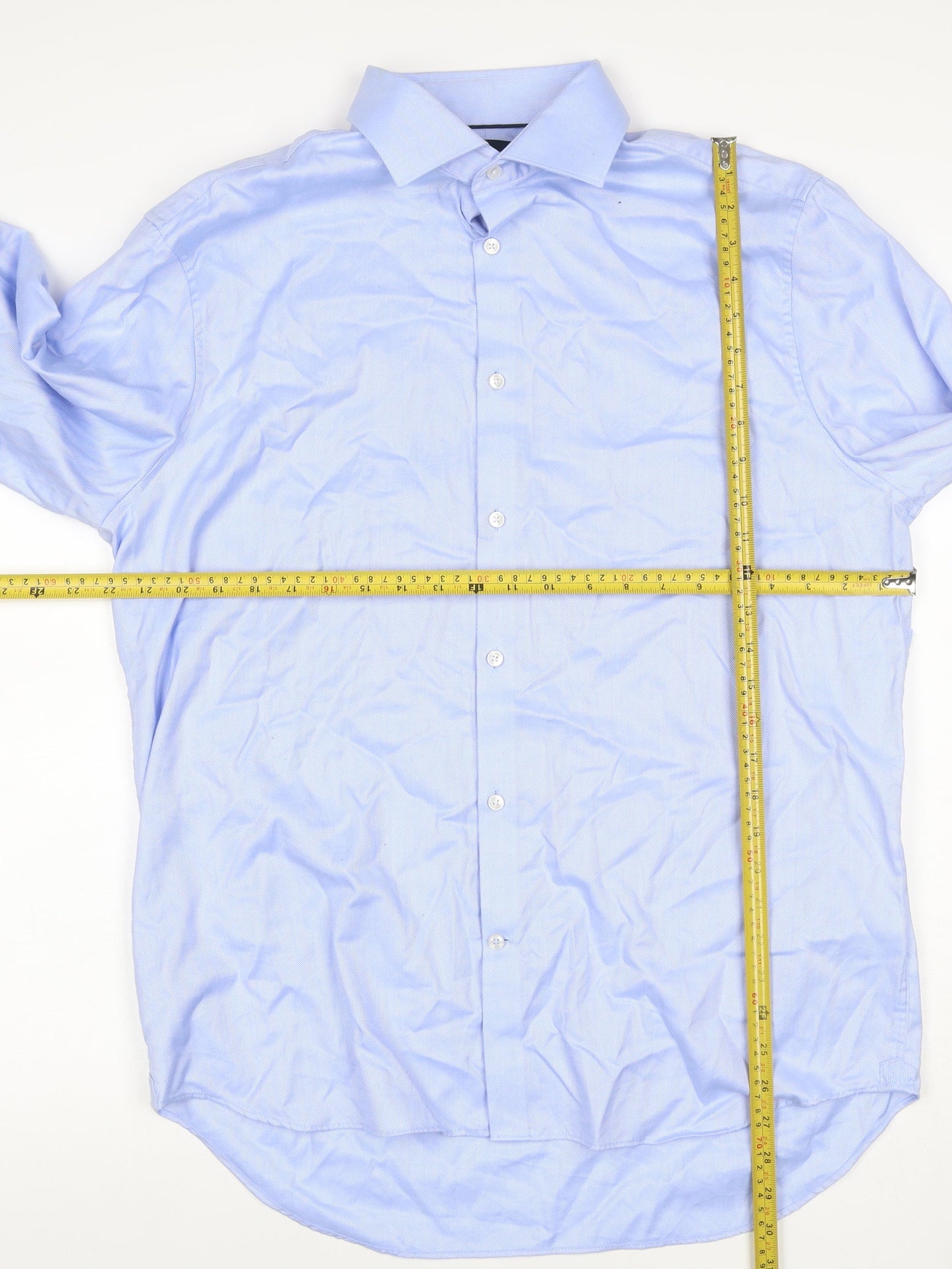 Marks and Spencer Men's Blue 16.5 Regular Fit Herringbone Cotton Shirt