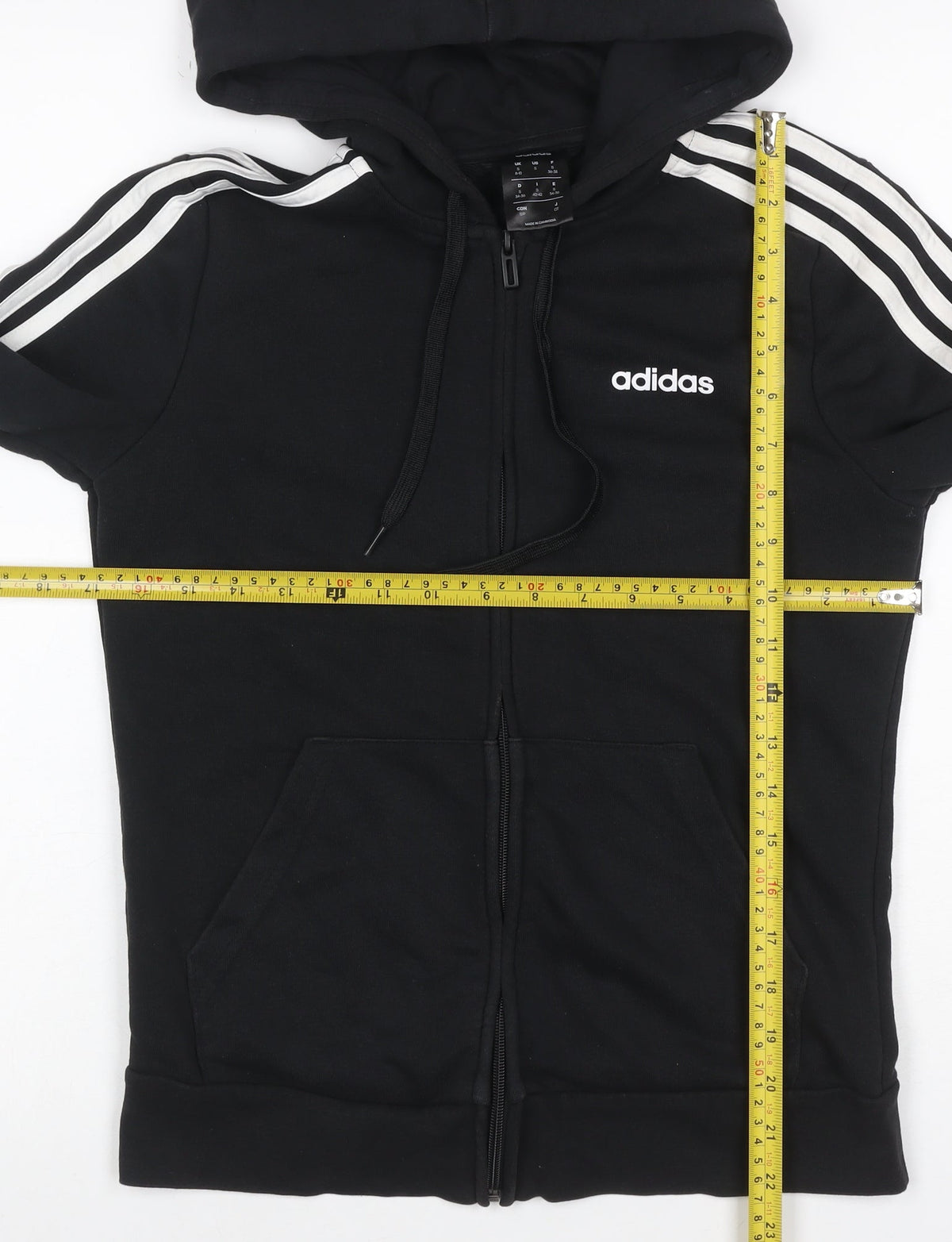Close-up detail of adidas Women Black UK 8 Full Zip Hooded Logo Stripe Hoodie