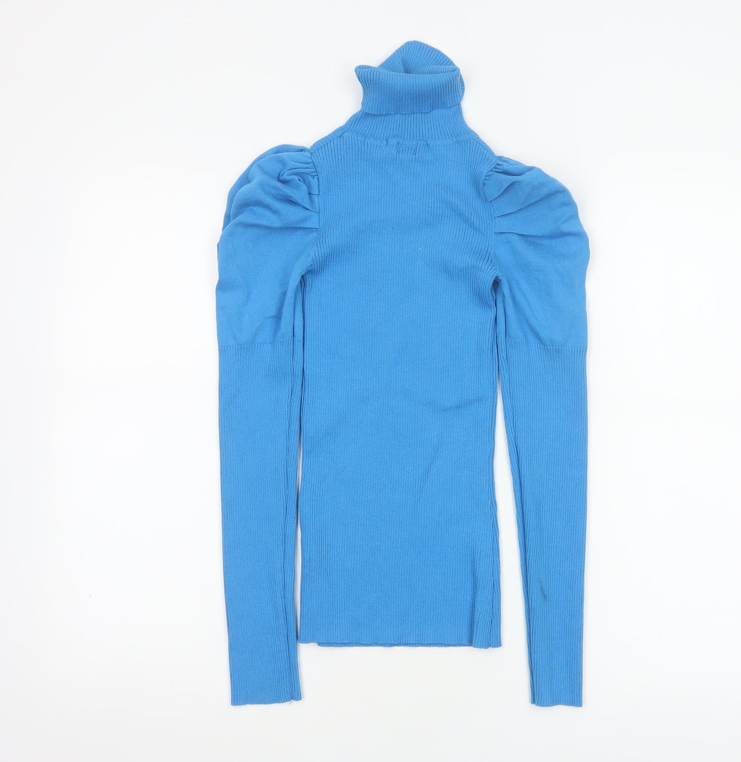 River Island Women Blue UK 8 Roll Neck Puff Sleeve Rib Knit Jumper