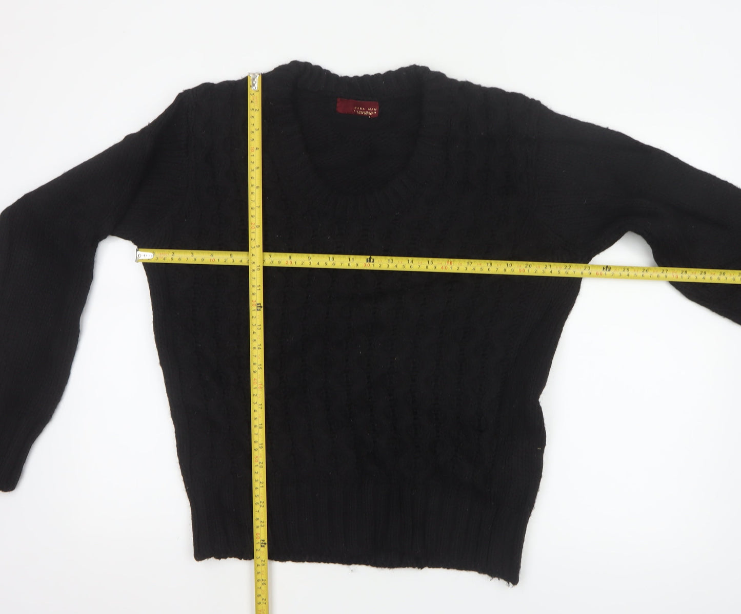 Zara Man Men's Black M Cable Knit V-Neck Wool Blend Jumper