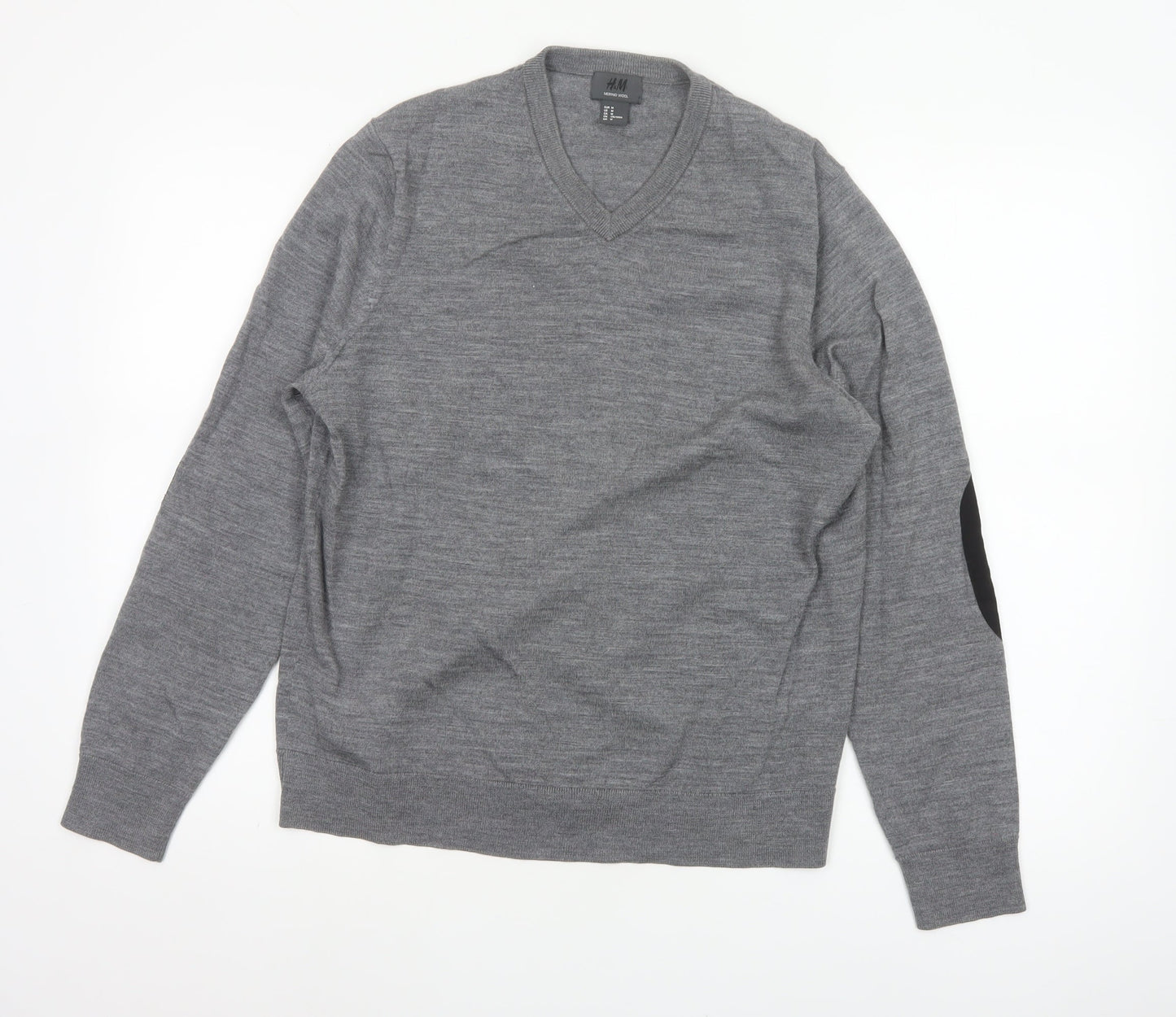 H&M Men Grey M Merino Wool V-Neck Pullover Jumper Elbow Patches