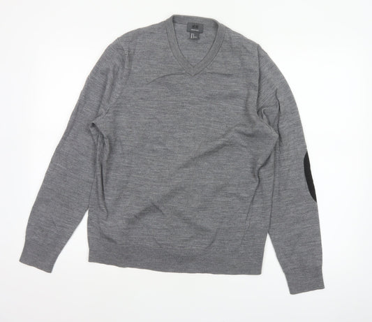 H&M Men Grey M Merino Wool V-Neck Pullover Jumper Elbow Patches