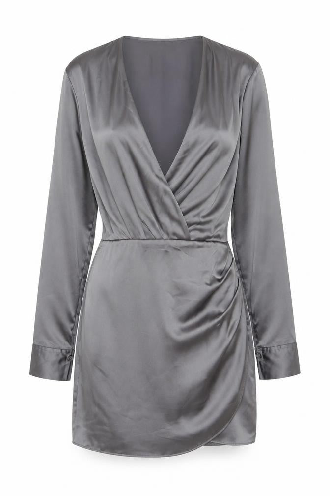 Zara Women Grey M Satin Wrap Mini Dress Long Sleeve V-Neck Party