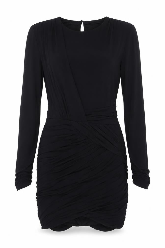 Zara Women Black S Ruched Bodycon Mini Dress Balloon Sleeves