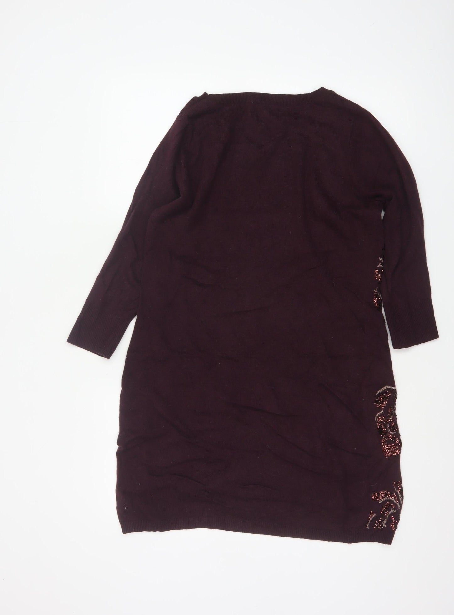 Monsoon Women Brown M Floral Beaded Embroidered Knit Tunic Jumper