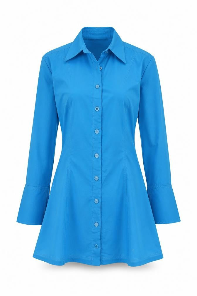 Zara Women Blue M Shirt Dress Collared Button Front Flared Cuff NWT