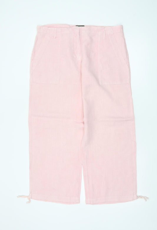 Hobbs Women's Pink UK 12 Linen Cropped Wide-Leg Trousers Pockets