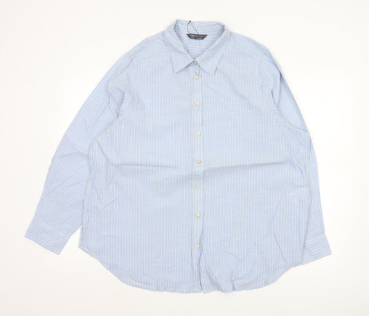 Marks and Spencer Women Blue UK 18 Regular Striped Cotton Button-Up Shirt