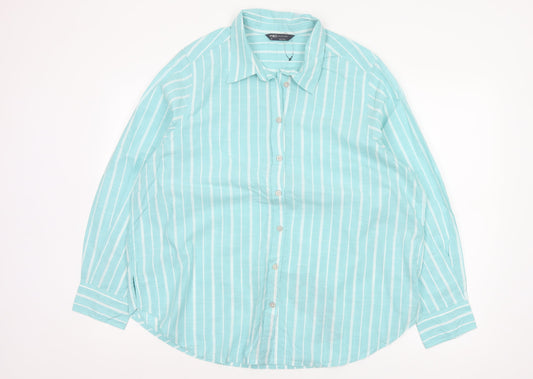 Marks and Spencer Women Blue Stripe Cotton Button-Up Shirt UK 18