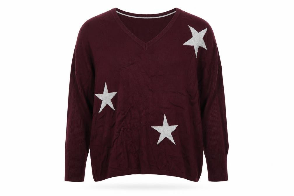 DKNY Jeans Women Red M V-Neck 3/4 Sleeve Silver Star Knit Jumper
