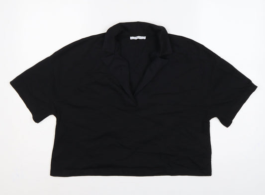 Zara Women Black UK 8 Cotton Collared Short Sleeve Polo Top