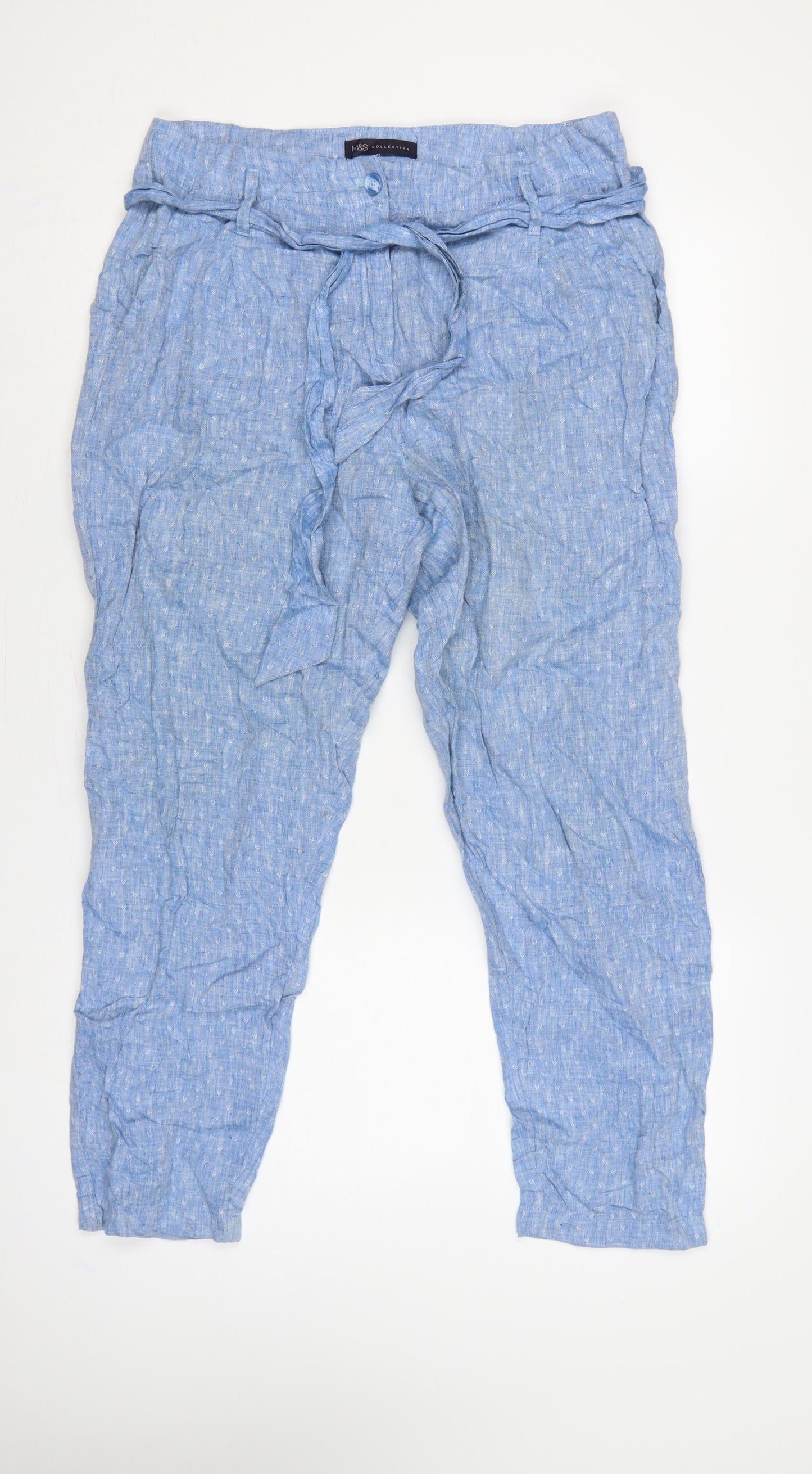 Marks and Spencer Women Blue UK 12 Linen Paperbag Tapered Trousers