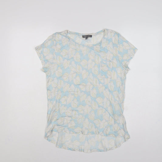 Laura Ashley Women Blue Floral Linen Basic Short Sleeve Top UK 12