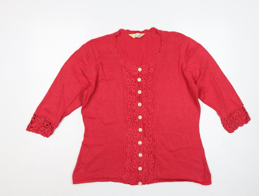 Alice Collins Women Red Size 18 Cotton Crochet Button Cardigan