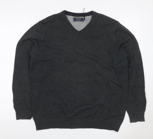 Maine New England Men Grey M V-Neck Cotton Knit Pullover Jumper