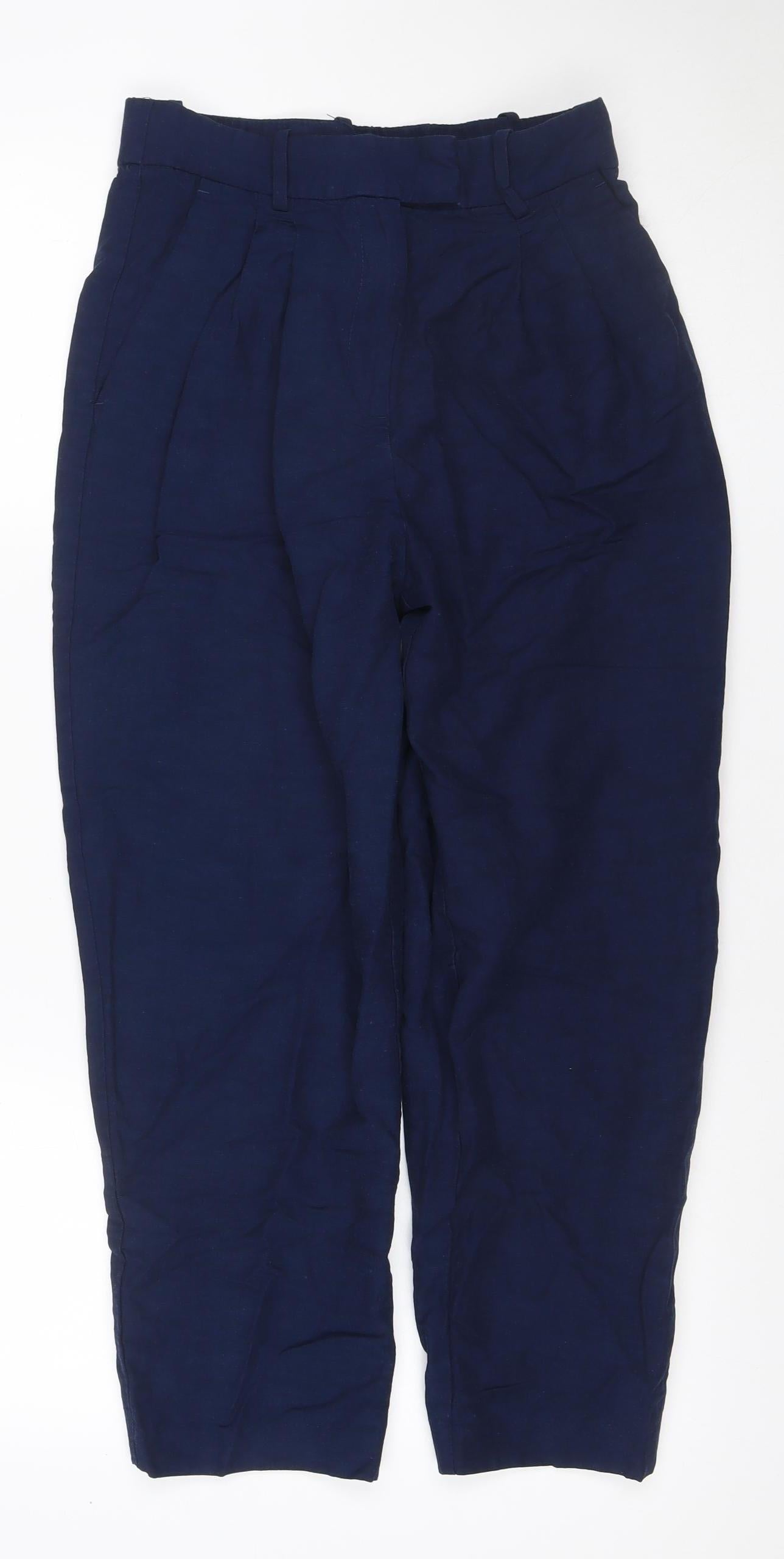 H&M Women’s Navy Blue UK 8 Linen Blend Cropped Straight Trousers