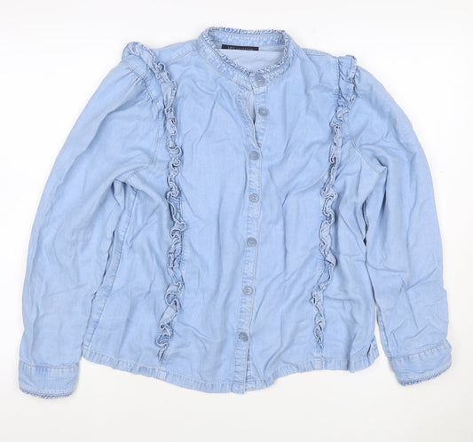 M&S Women Blue Size 16 Lyocell Ruffle Button Blouse Long Sleeve
