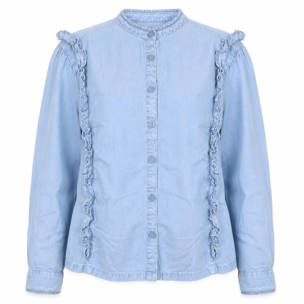 Marks & Spencer Women Blue Size 16 Lyocell Ruffle Button Blouse Long Sleeve