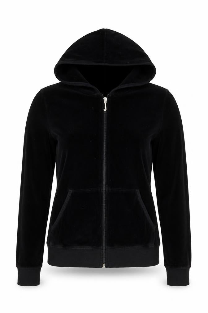 Juicy Couture Women Black M Velour Full Zip Hooded Hoodie